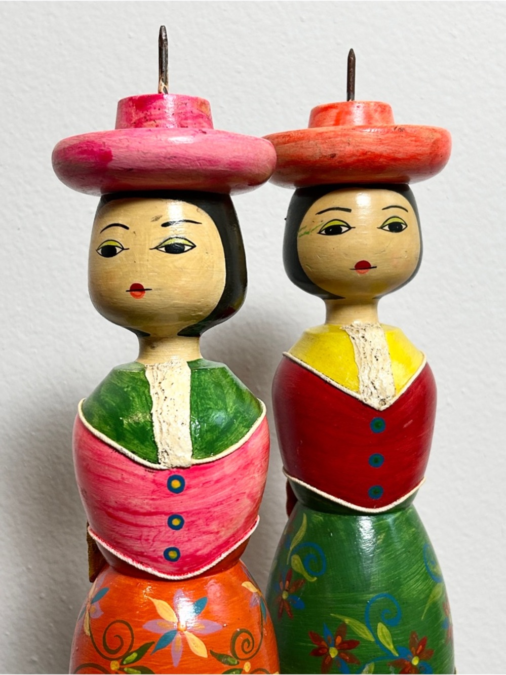 VTG 1970s Handmade Mexican Wooden Candle Stick Holders Rainbow Dolls Set of 2